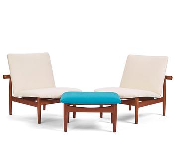 Finn Juhl, a pair of 'Japan' (FD-137) easy chairs and an ottoman, France & Son, Denmark, 1960s.