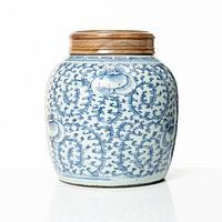A Chinese blue and white porcealin jar with wooden cover, Qing dynasty, 19th century.
