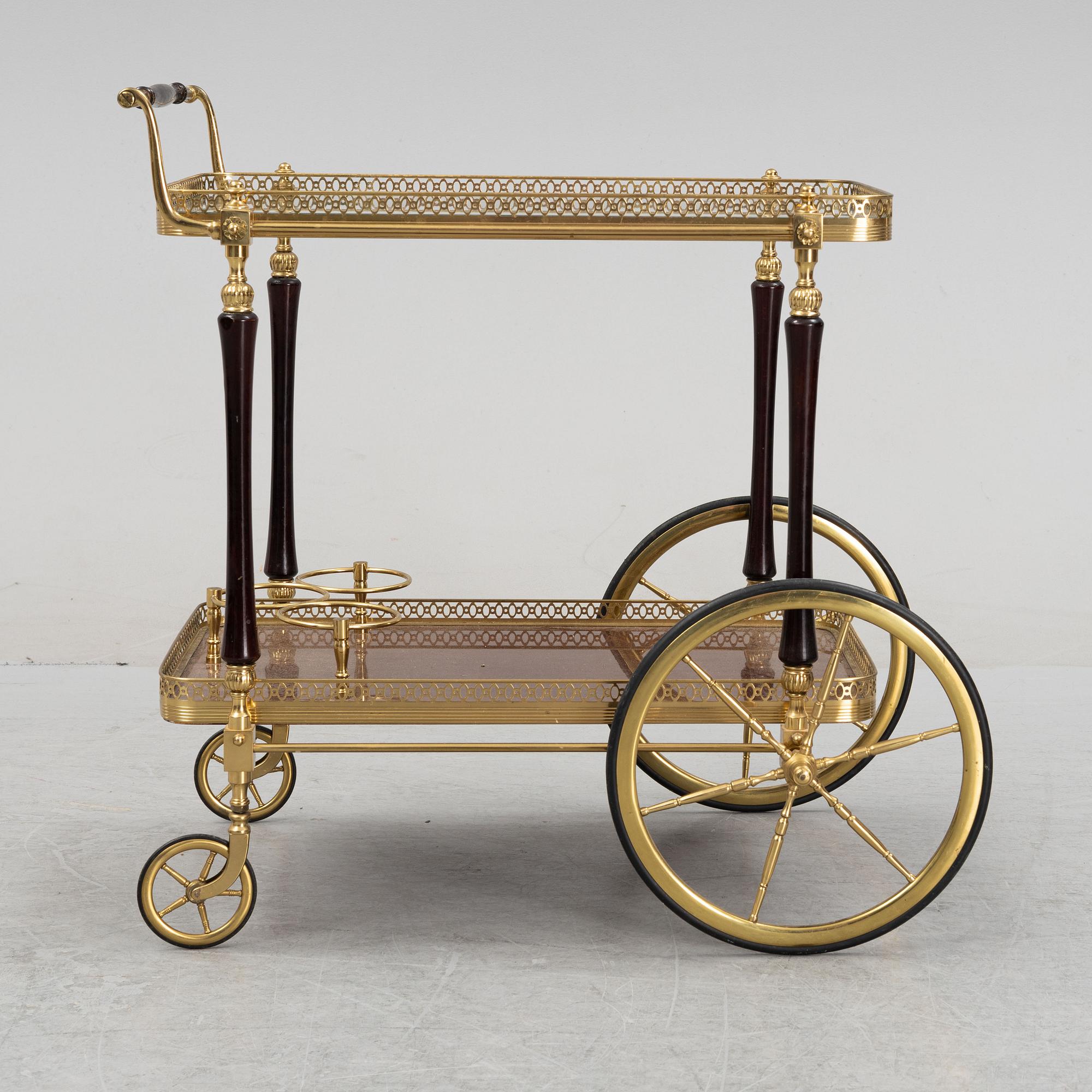 A brass and mahogany veneered drink's trolley, second half of the 20th Century.