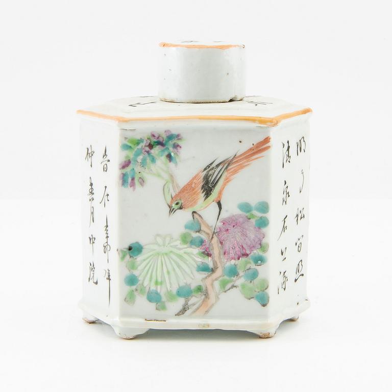A set of two Chinese tea pots and a tea caddy, early 20th century.