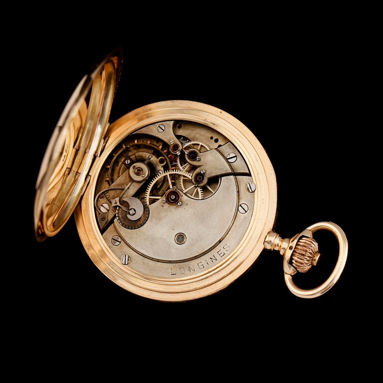 FICKUR, 14K guld, savonett, urverk märkt Longines, omkring år 1900.