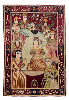 417. An antique pictorial Kirman Laver, South Persia, c. 85 x 58 cm.