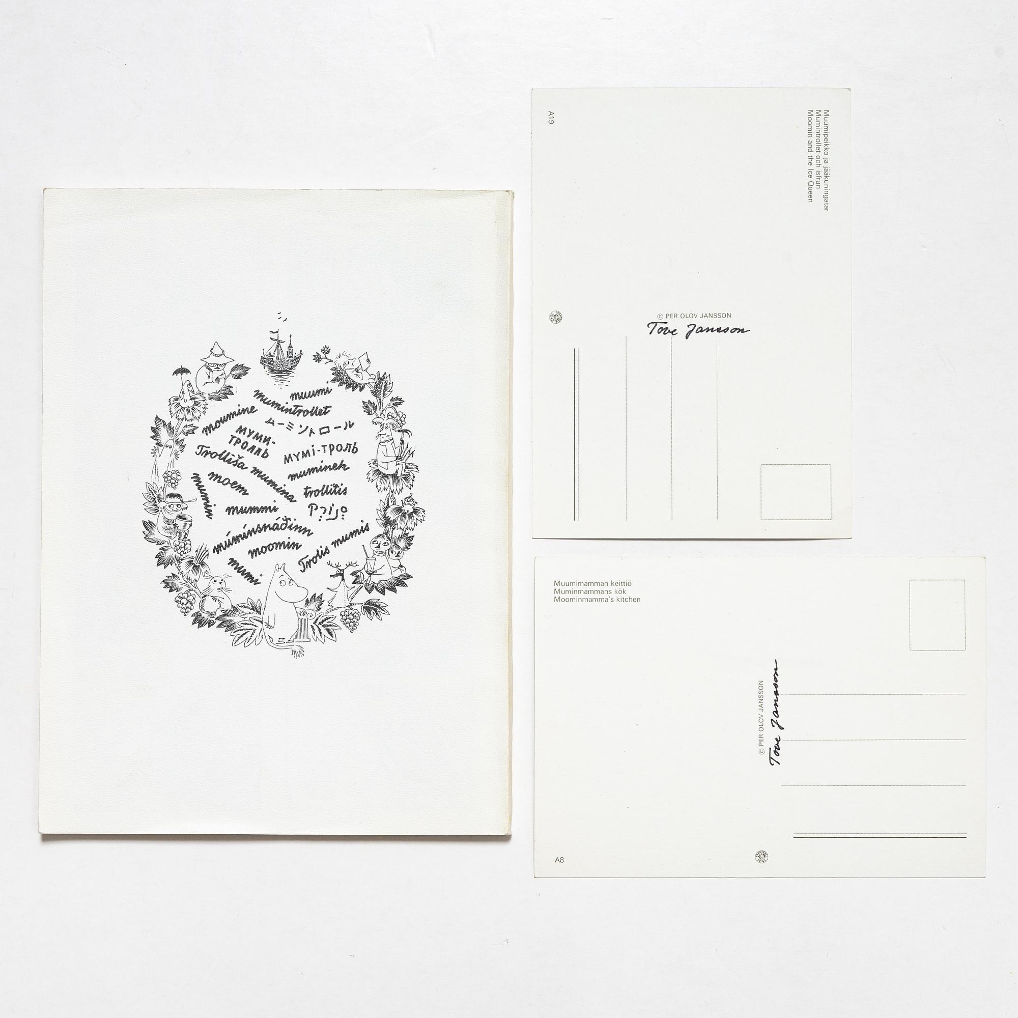 Tove Jansson, book, 'Muumi Hvitträskissä Mumintrollet i Hvitträsk 1974' signed, along with two signed postcards.