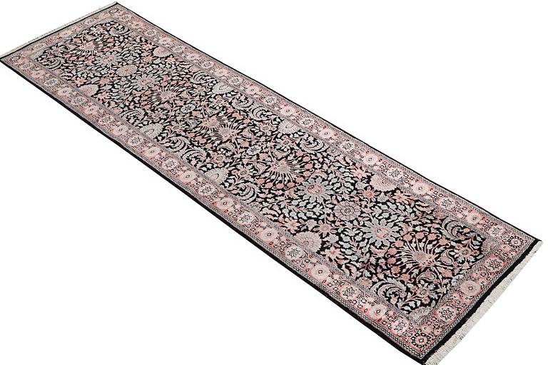 A silk Kashmir runner carpet, c. 305 x 78 cm.