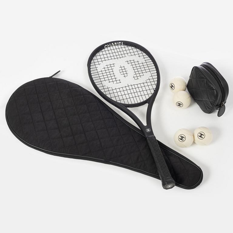 Chanel, tennis racket and 4 balls with case.