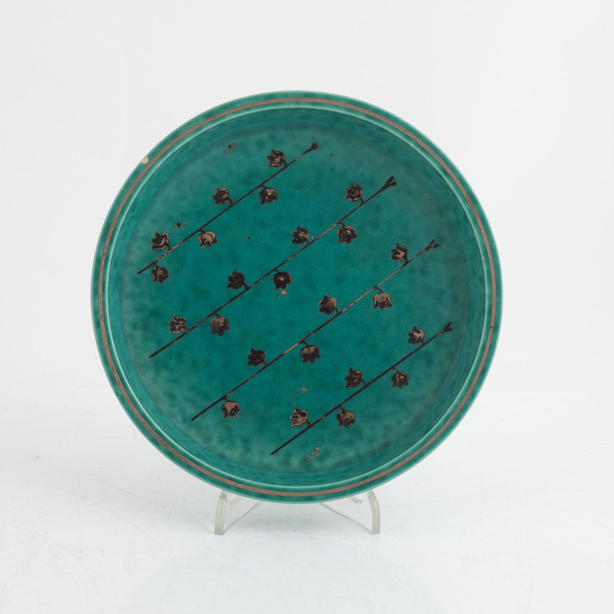 Wilhelm Kåge, vaser 2 st samt fat, "Argenta", Gustavsberg, 1900-talets mitt.