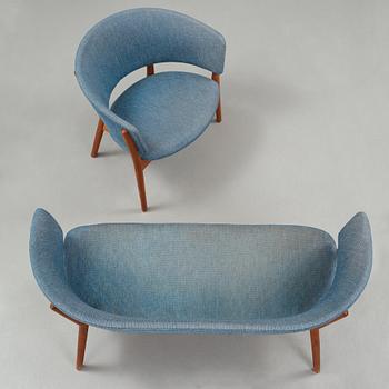 Nanna & Jørgen Ditzel, an upholstered teak settee and lounge chair, Søren Willadsen, Denmark 1950's.