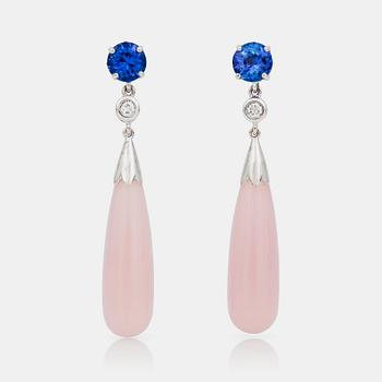 597. A pair of earrings with pink calcedony, tanzanites circa 1.35cts and diamonds circa 0.10ct in total.