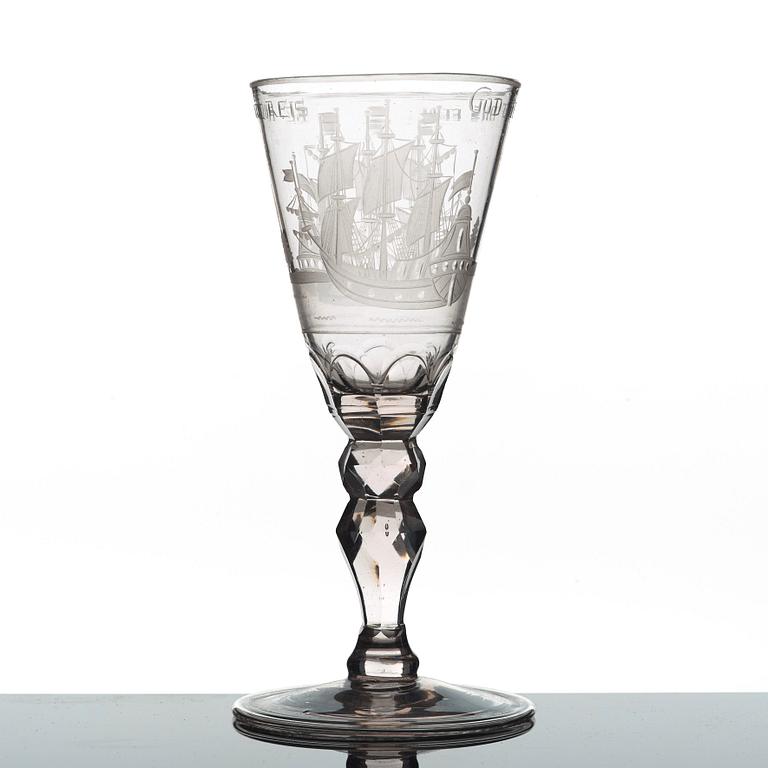 A Dutch cut and engraved wine glass, 18th Century.