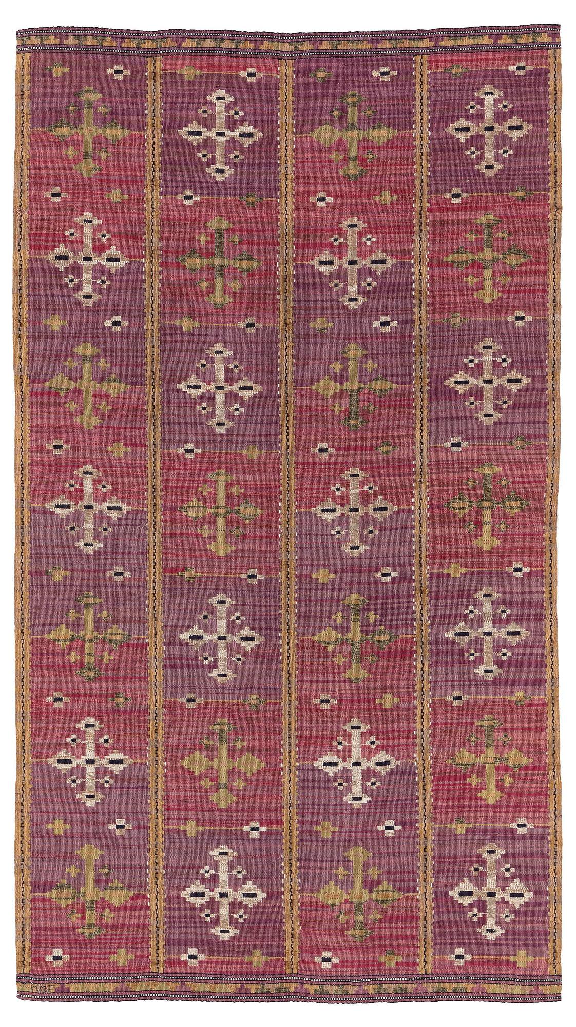Märta Måås-Fjetterström, a drape, "Violett Draperi" (with yellow), ca 262 x 148 cm, signed MMF.