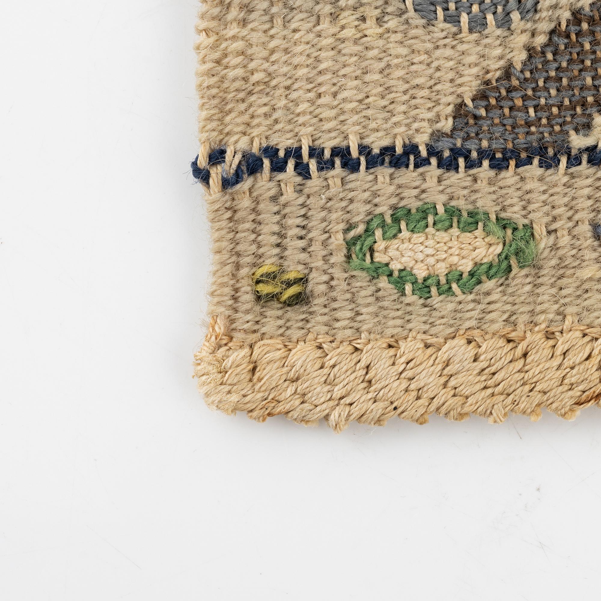 Ann-Mari Forsberg, a textile, "Blå crocus", a tapestry variant, ca 56 x 33 cm, signed AB MMF AMF.