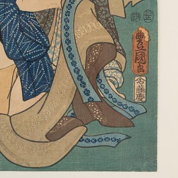 Utagawa Kunisada, three woodblock prints and Utagawa Kuniyoshi, woodblock print.