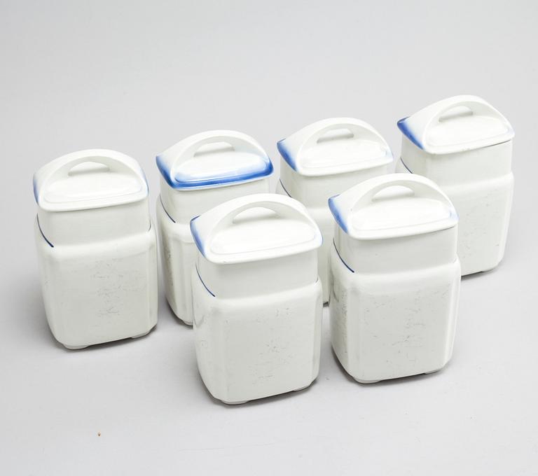 A set of earthenware kitchen jars from Gefle, first half of the 20th century.
