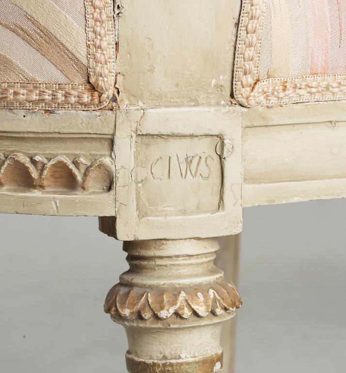 Four Gustavian 18th Century chairs, by C. J.  Wadstöm. Comprising two later copies.