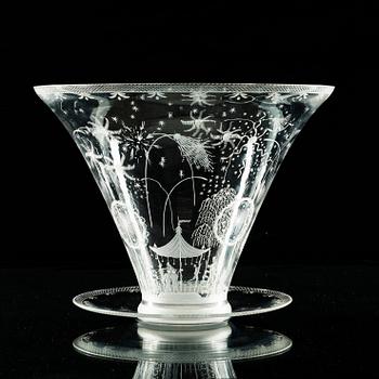 An Edward Hald 'Swedish Grace' engraved bowl and stand, Orrefors, model 248.