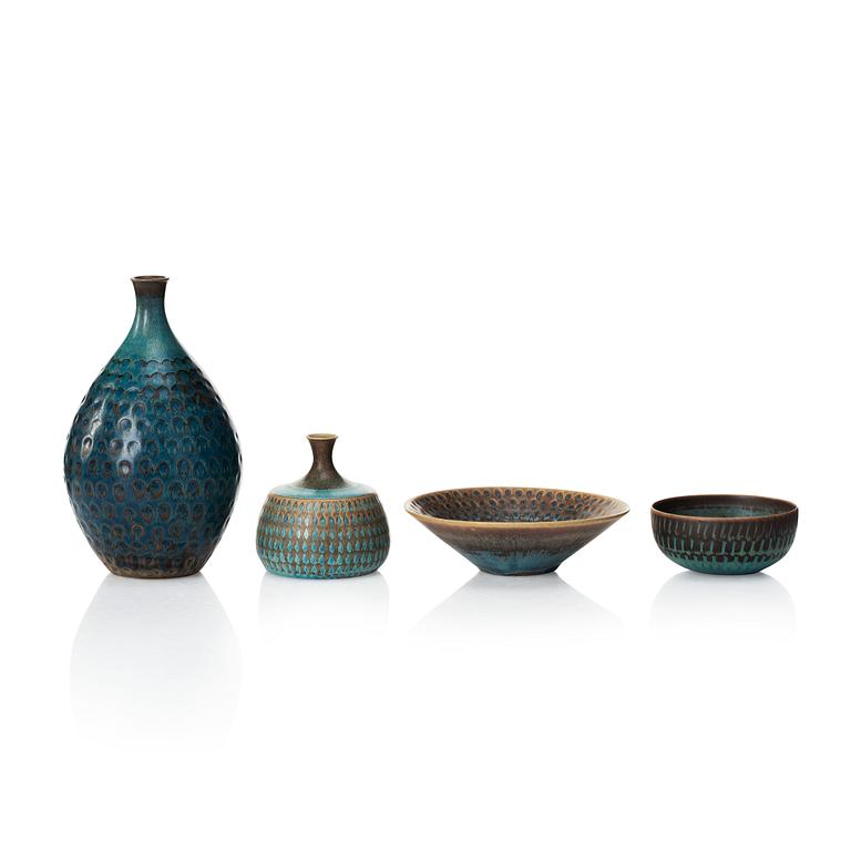 Stig Lindberg, a set of two stoneware vases and two bowls, Gustavsberg studio, Sweden 1958-61.