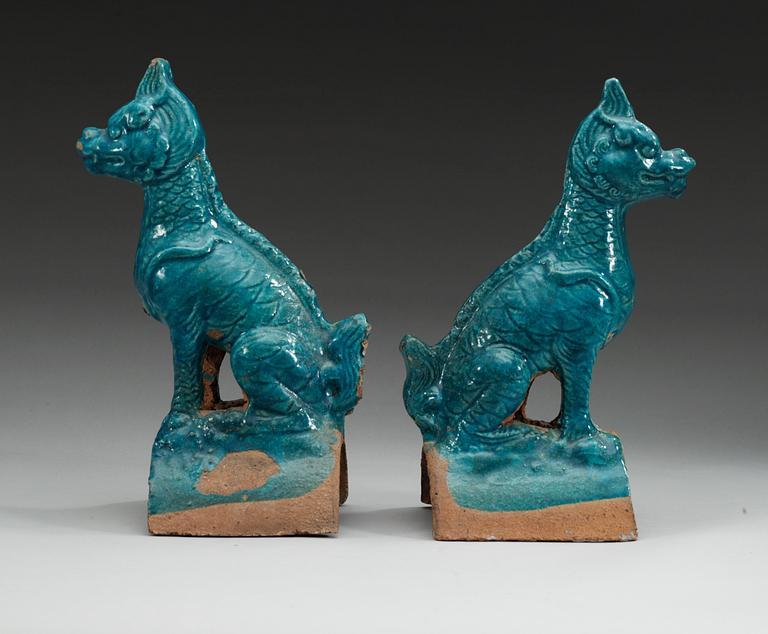 A pair of turkoise glazed roof tiles, Qing dynasty, 17th/18th Century.