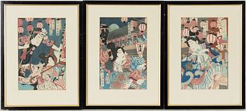 Kuniume Utagawa (aktiv 1866-1883), triptyk, Kabukiskådespelare omgivna av lyktor.