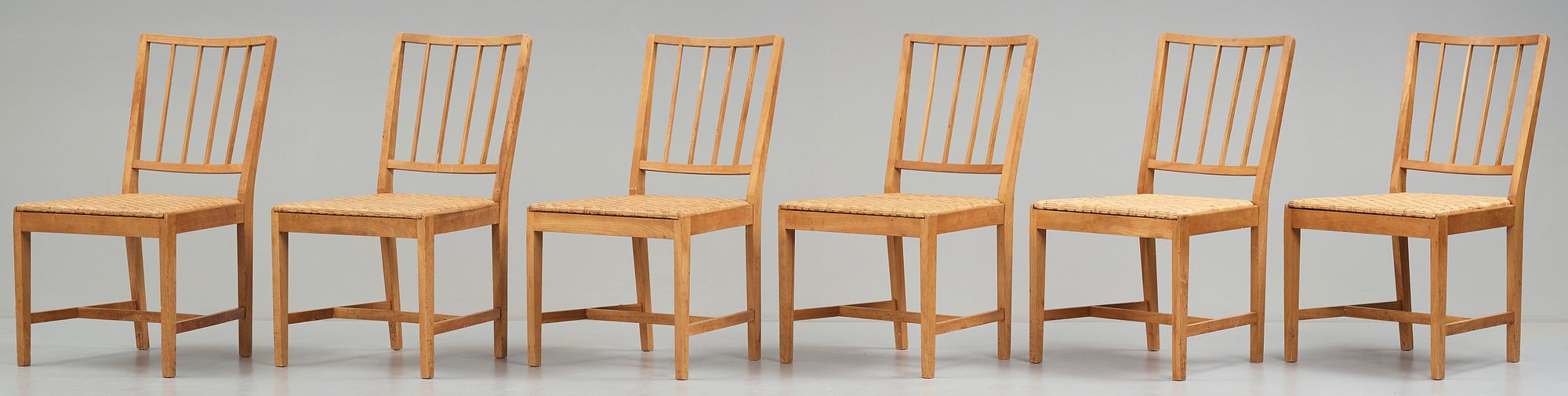 JOSEF FRANK, a set of six elm and rattan dining chairs, model 800.
