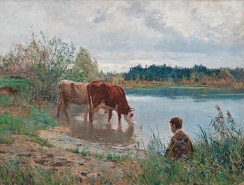 Carl Trägårdh, Landscape with cows and shepherd by the water, scene from Grez-sur-Loing.