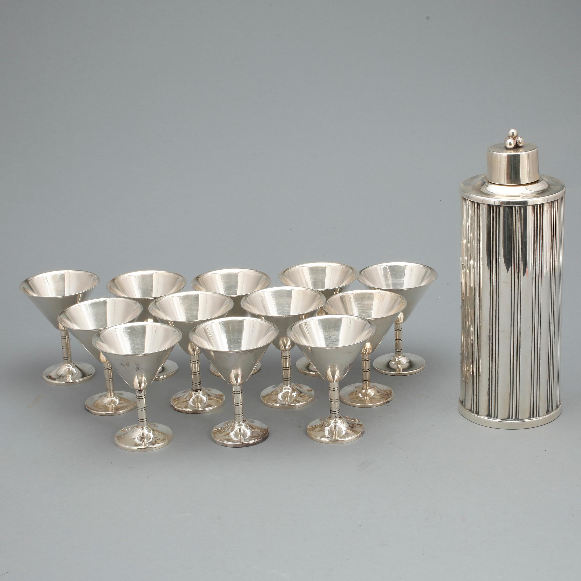 SHAKER samt GLAS, 13 delar, nysilver, Tesi, 1900-talets andra kvartal.