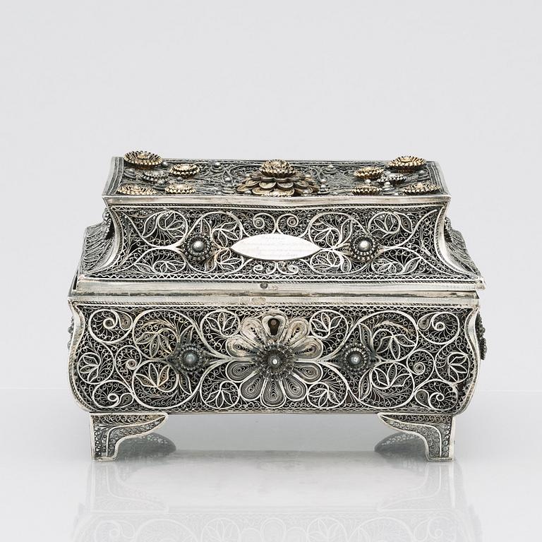 A 19th Century silver filigree box, unidentified makers mark R.K, Assay master mark of Ivan Lebedkin, Moscow 1898-1908.