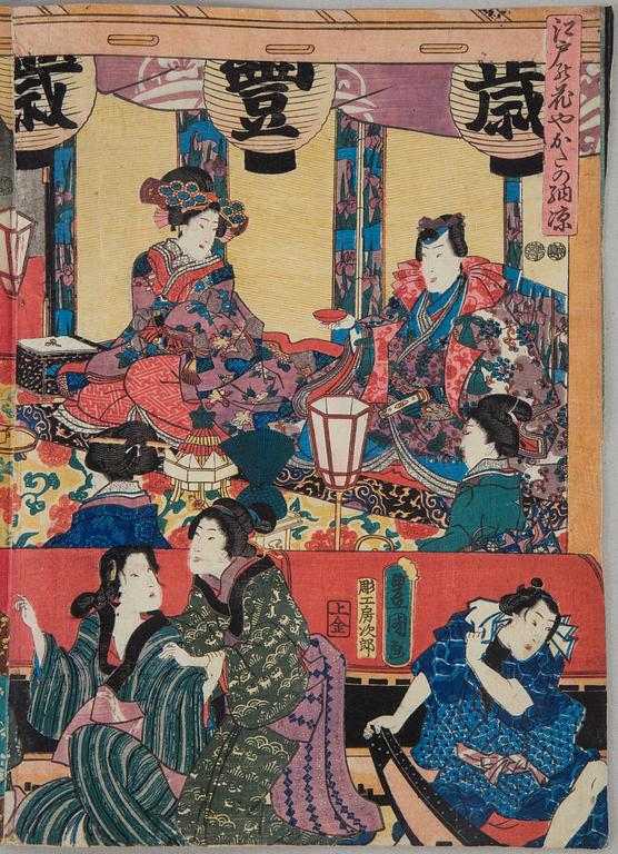 A Japanese colored woodblock print, triptych, Meiji (1868-1912).