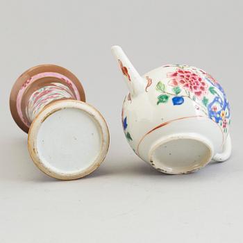 A famille rose teapot with cover, trumpetvase and bowl, Qing dynasty, Yongzheng (1723-35) and Qianlong (1736-95).