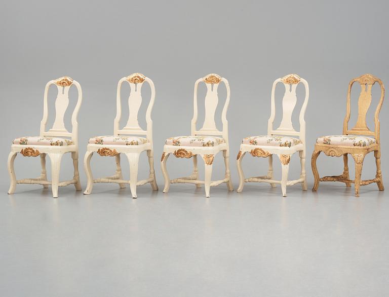 A set of five (3+2) rococo chairs attributed to J. E. Höglander (master in Stockholm 1777-1813).