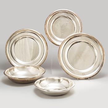 A set of five French late 19th century silver dishes.