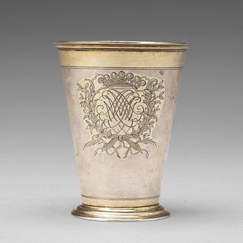 113. A Baltic early 18th century parcel-gilt silver beaker, mark of Jacob Meyer, Riga (1696-1708(-14)).