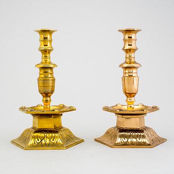 Two candlesticks, baroque, brass and iron, Ystad metal 1950th.