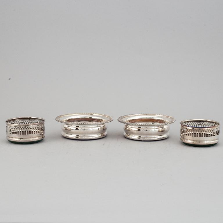 Coasters, two pairs, silver plate, England.