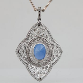 An unheated Ceylon sapphire and diamond necklace. Sapphire 14.92cts according to certificate from The Gem and Pearl Lab.