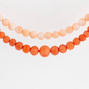 Two coral bead necklaces, clasp gold.