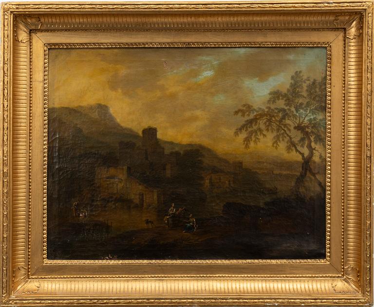 Johan Christian Vollerdt, circle of, Translation: "Flooded landscape with figures by a castle ruin".