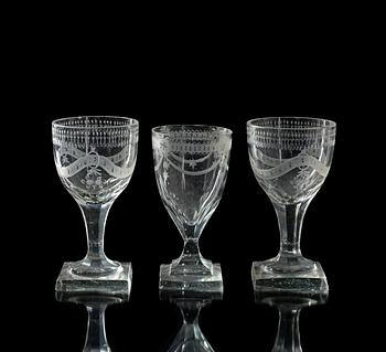 1311. A set of seven Swedish late Gustavian wine glasses.
