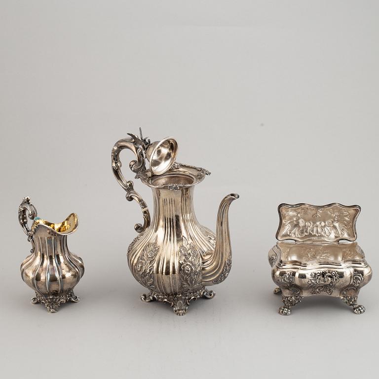 A Swedish matched three-piece coffe-set, mark of Mollenborg, Stockholm 1845 and 1852.