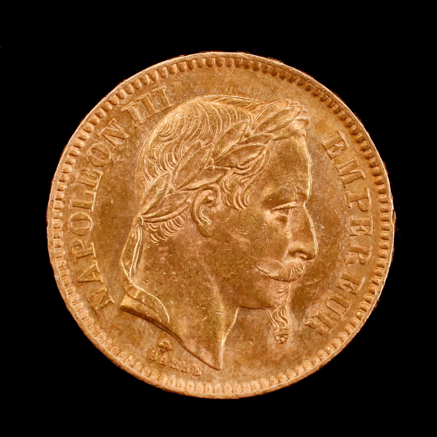 GULDMYNT, 900, Napoleon III, 20 fr, 1863. Vikt ca 6 g.