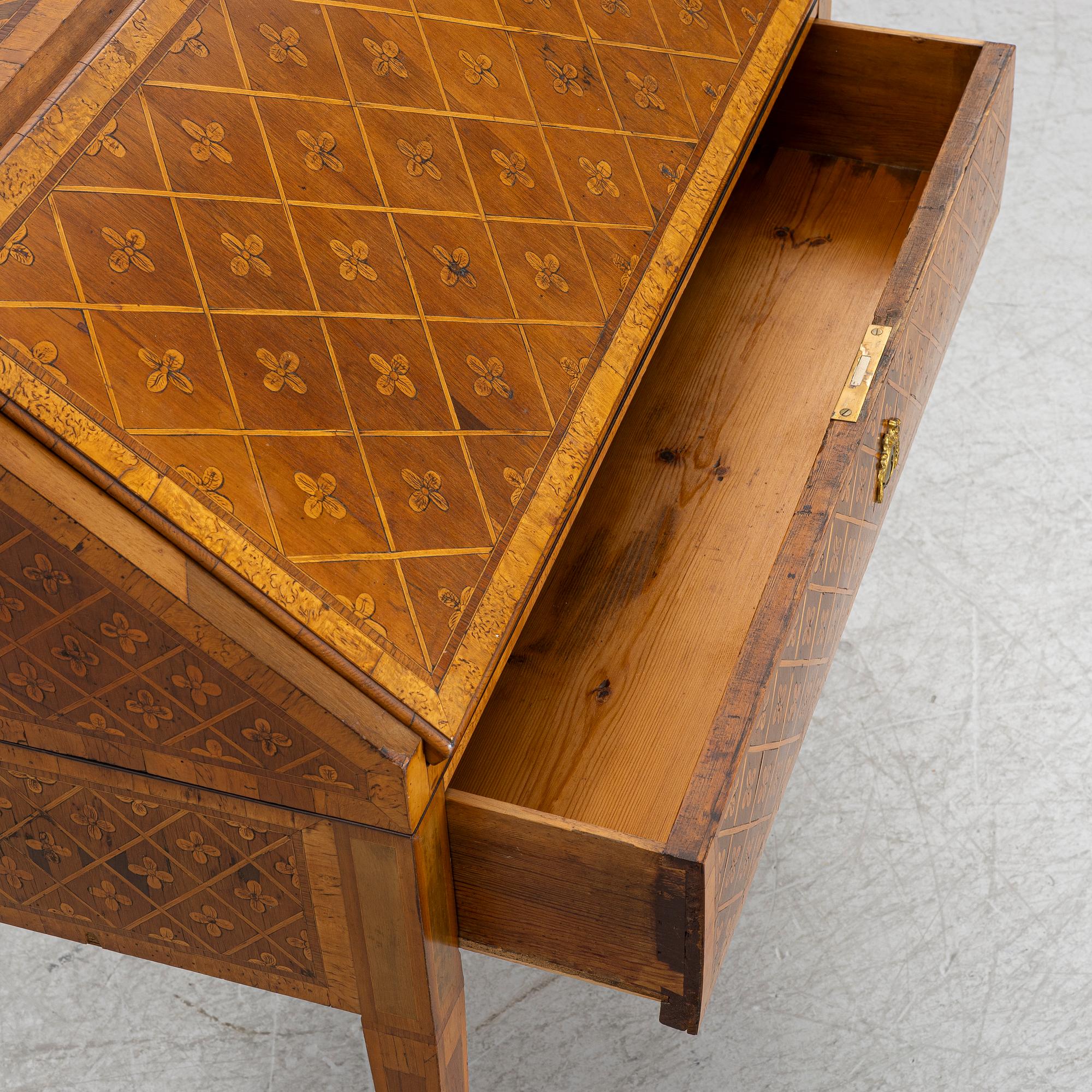 A Gustavian marquetry secretaire by Jonas Hultsten (master in Stockholm 1773-94).