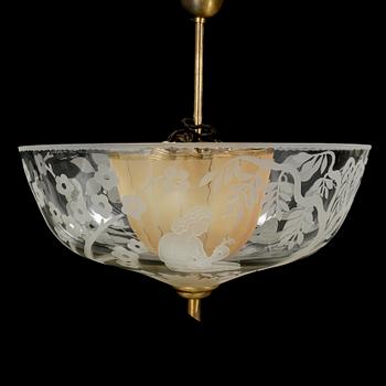 TAKLAMPA, glas, Erik Kinell för Glössner & Co 1947. Signerad.