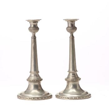 A pair of Gustavian pewter candlesticks by M Moberg 1786.