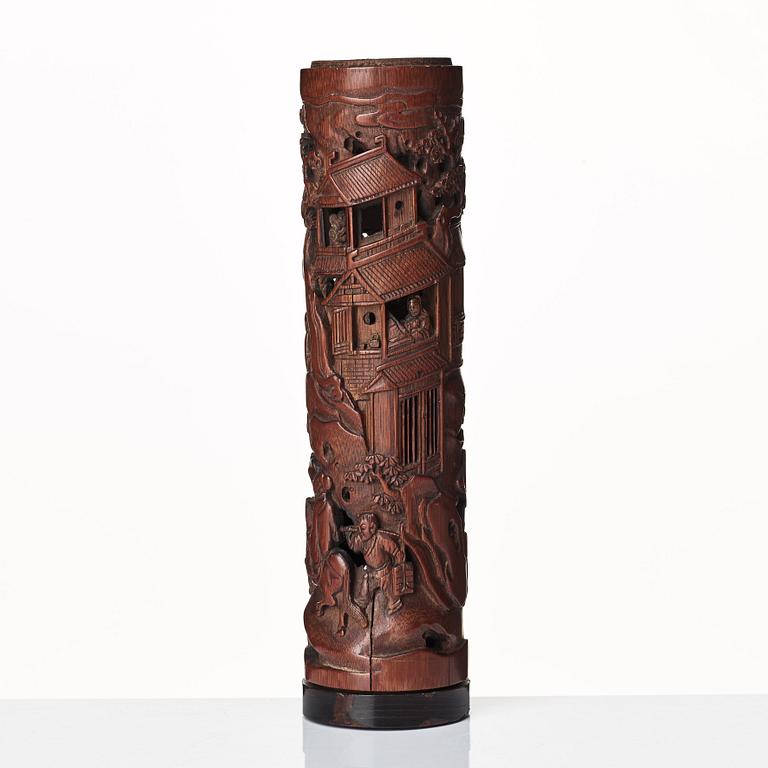 A carved cylindrical bambo parfumier, Qing dynasty, 19th Century.