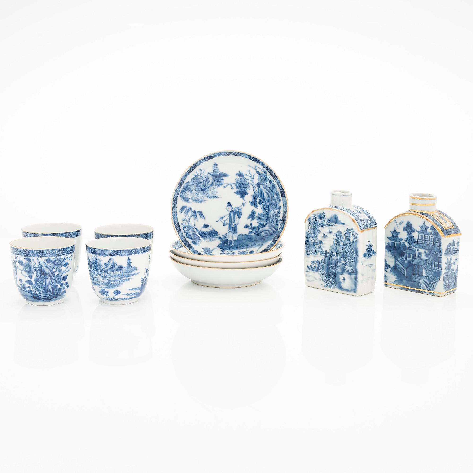 A set of two blue and white 'Chinese Export' tea caddies and four cups with saucers, Qing dynasty, 18th Century.