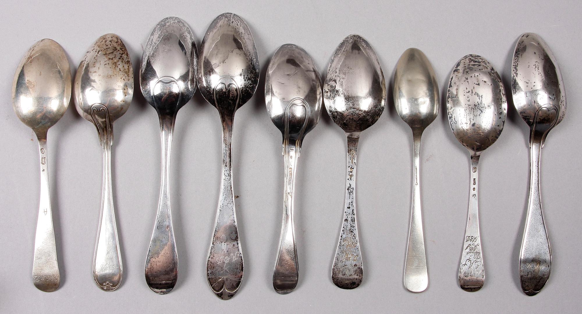 MATSKEDAR, 9 st, silver, mest Söderhamn, bla E. Regnman verksam 1820-1837.