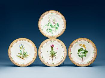1388. A set of four Royal Copenhagen 'Flora Danica' dinner plates, Denmark, 20th Century.