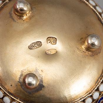 A Russian 20th century silver-gilt and enamled salt-cellar, mark of Nicholai Zugeryev possibly, Moscow 1899-1908.