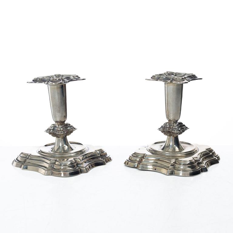 A pair of Norwegian silver candlesticks, mark of T Olsens Eftf, Bergen, Norway, Swedish import mark, 20th century.