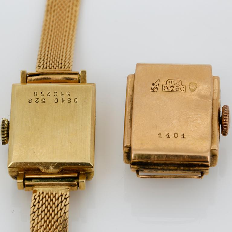 ARMBANDSUR, 2 st, 18K guld,  Certina och Nilax. Total vikt ca 26,48 g.