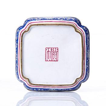 A set of five enamel on copper tea cups and a dish, Qing dynasty, circa 1800.